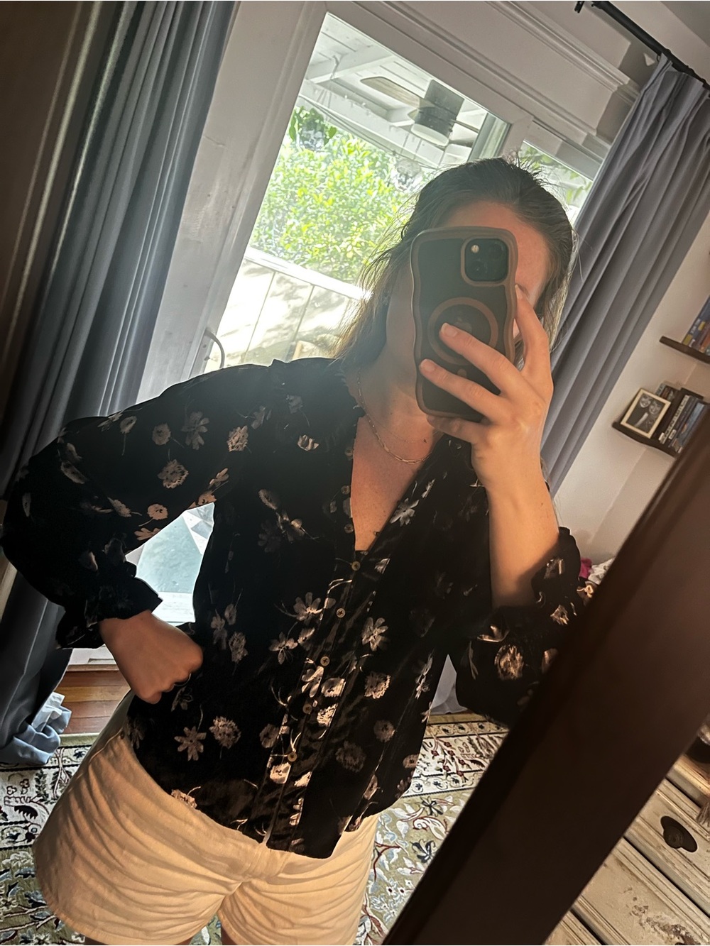 Pilcro Black Velvet Button-Down Shirt with Silver Floral Print - Picture 2 of 3